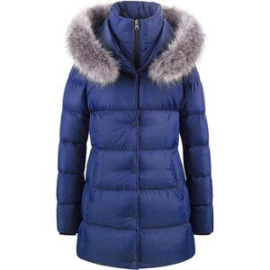 Women's Navy Long Snow Puffer Jacket Coat Removable Faux Fur Trim Winter Warm